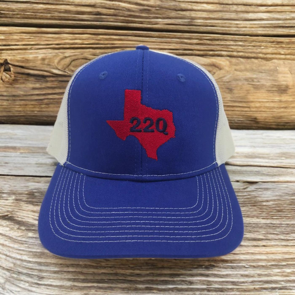 Trucker Hat- 22Q in Texas silhouette, blue/ white