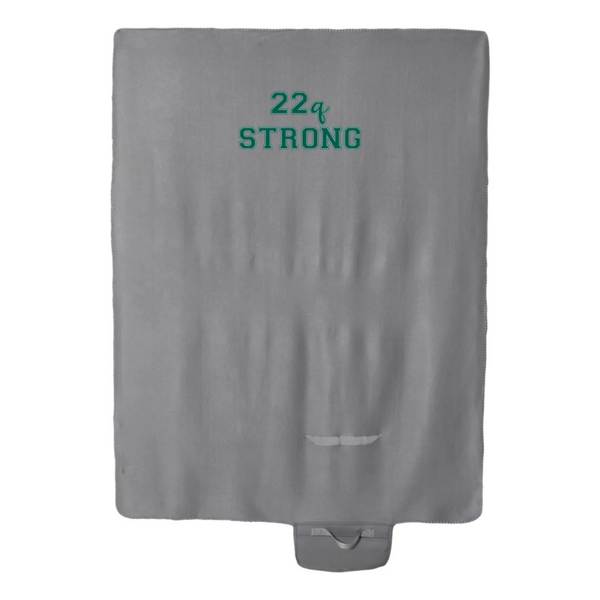 Gray roll up, travel blanket with green or purple "22q STRONG" design