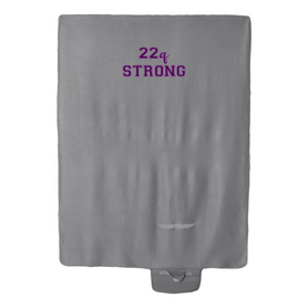 Gray roll up, travel blanket with green or purple "22q STRONG" design