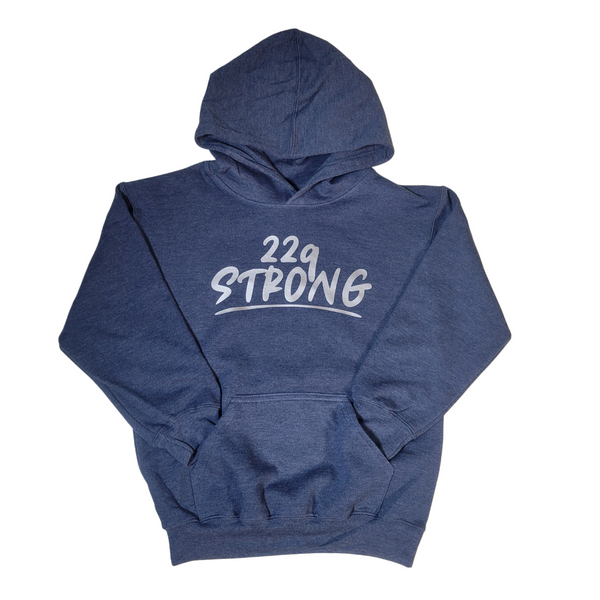 Youth 22q strong hoodie, heather denim blue
